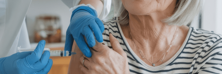 Healthcare professional administering a vaccine to an older adult woman for preventive care