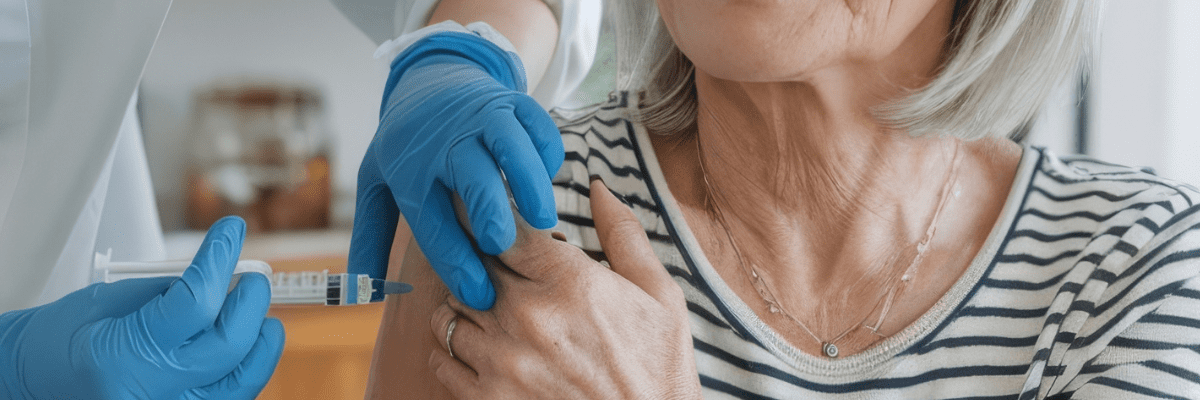 Healthcare professional administering a vaccine to an older adult woman for preventive care
