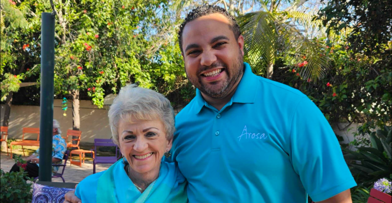 Pathways to Healthy Aging resource highlighting Arosa’s support for physical, mental, and social well-being, including exercise and mobility, nutrition, health monitoring, cognitive stimulation, stress management, and social engagement