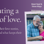 Graphic reading “Celebrating a lifetime of love” with photos of two senior couples, Noel & Steve Mays and Carol & John Larimore, sharing their Valentine’s stories.