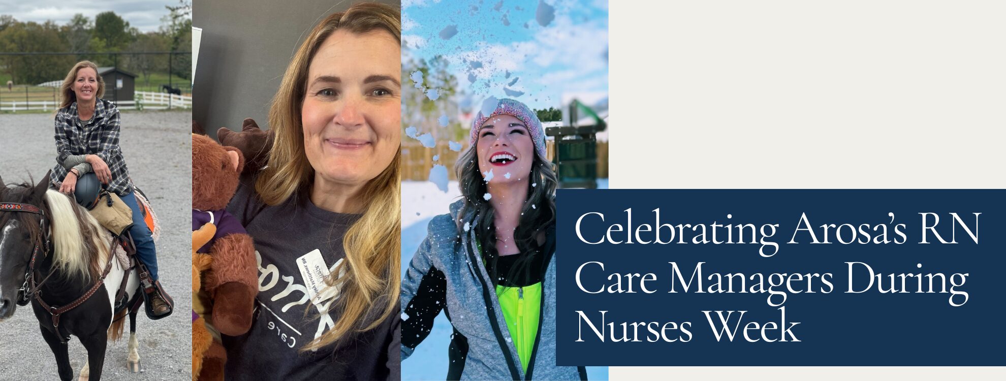 Arosa Nurses Week banner featuring RN Care Managers Rebecca Bass, Sheila Goode, and Ashley Matthews celebrating compassionate nursing leadership, care management, and personalized home care support.